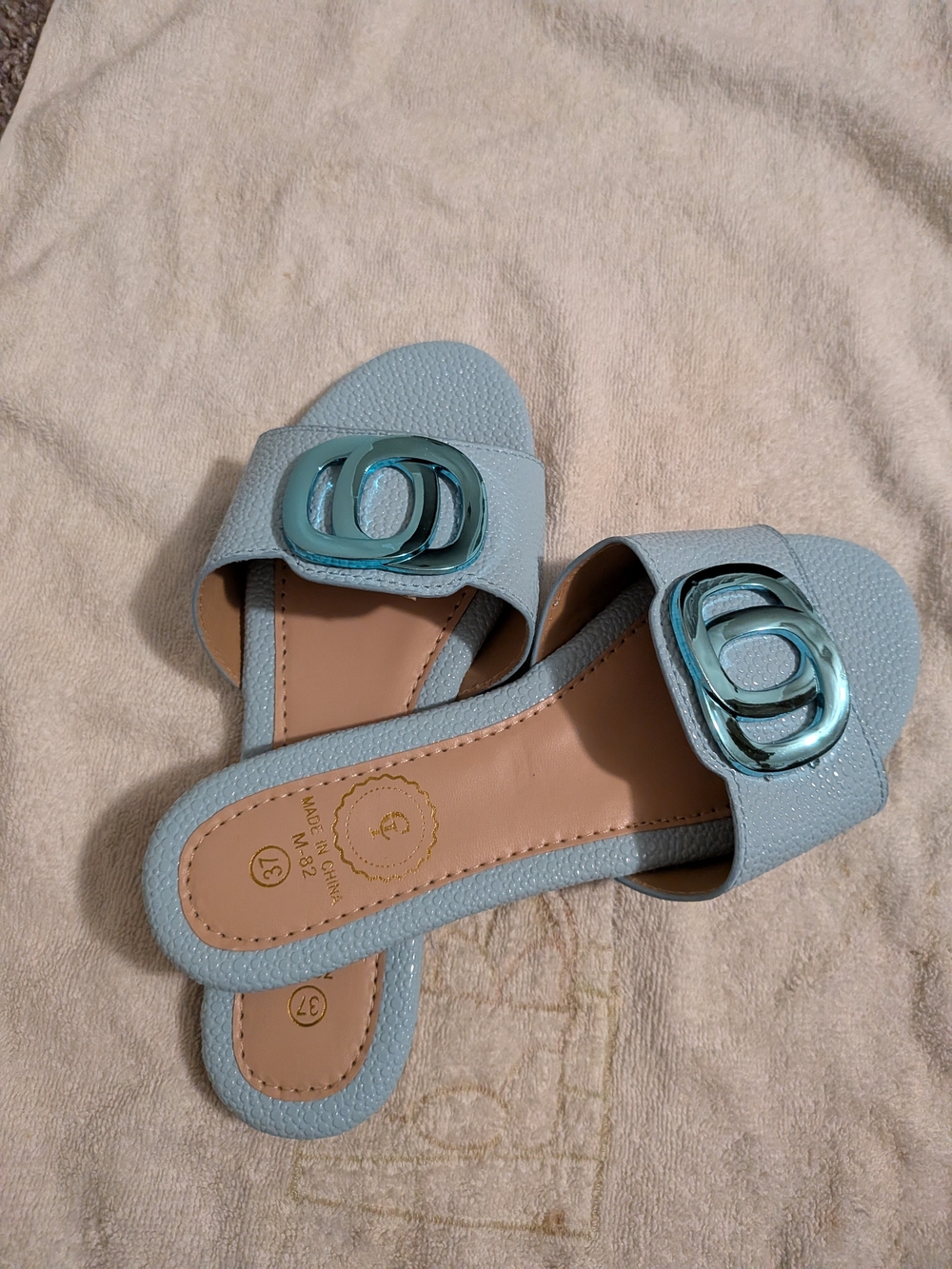 Light Blue Slide Mules with Decorative Interlocking Buckle